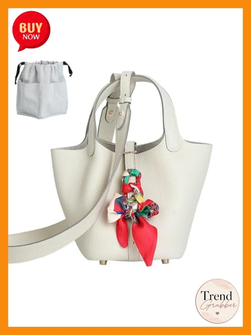 Genuine Leather Bucket Bag with Shoulder Strap Organizer Insert Silk Scarf